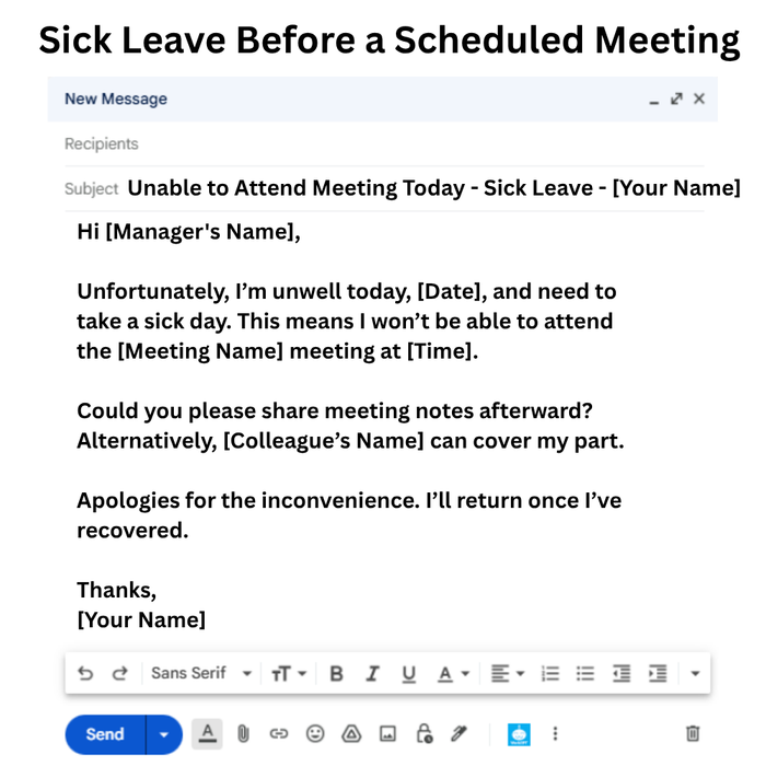 Sick leave email before meeting.